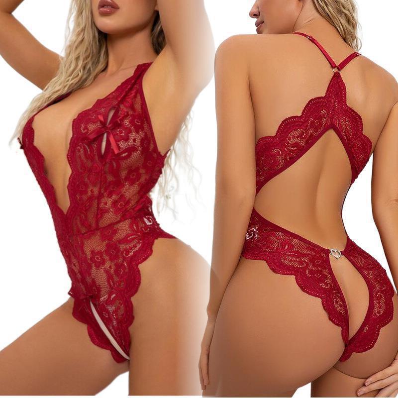 Wine Red Lace Deep V Halter Teddy Bodysuit for Women