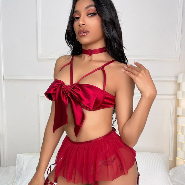 Satin Oversized Bow Lingerie & Mesh Skirt Garter Set