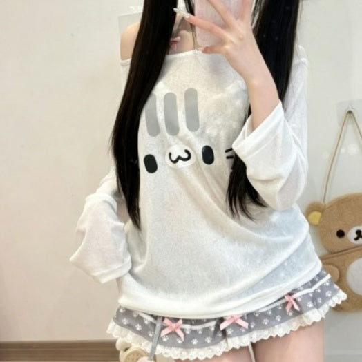Cute Bunny Graphic Cold Shoulder Long Sleeve Top & Ruffle Shorts Loungewear Set