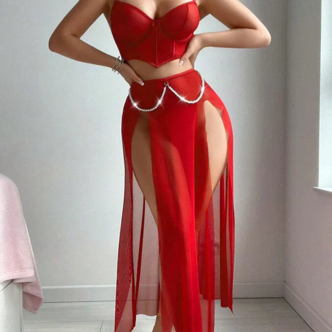 Goddess Mesh Set – Women’s Sexy 2-Piece Underwire Bra & High-Slit Maxi Skirt Outfit