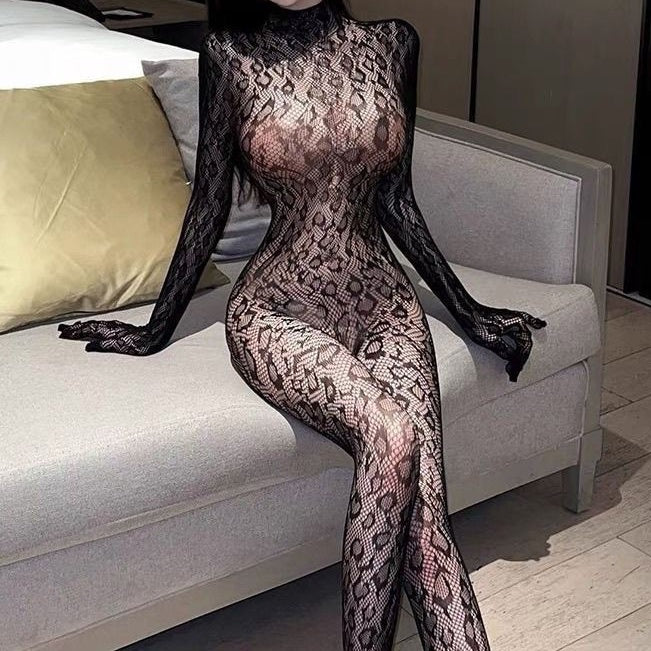 Sheer High Neck Long Sleeve Patterned Lace Bodystocking Lingerie