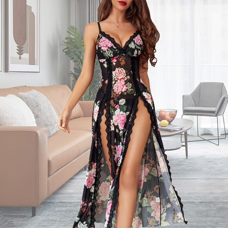 Floral Print Lace Trim High Slit Mesh Maxi Slip Dress
