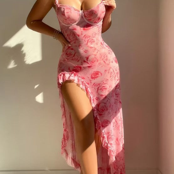 Rose Print Ruffle Trim Underwire Slit Maxi Dress Lingerie Nightgown