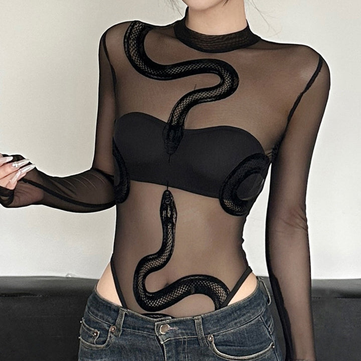 Snake Graphic Sheer Mesh Mock Neck Long Sleeve Bodysuit