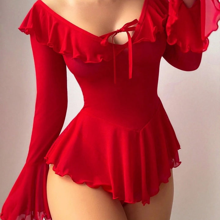 Ruffle Trim Tie-Front Sheer Mesh Skirted Bodysuit