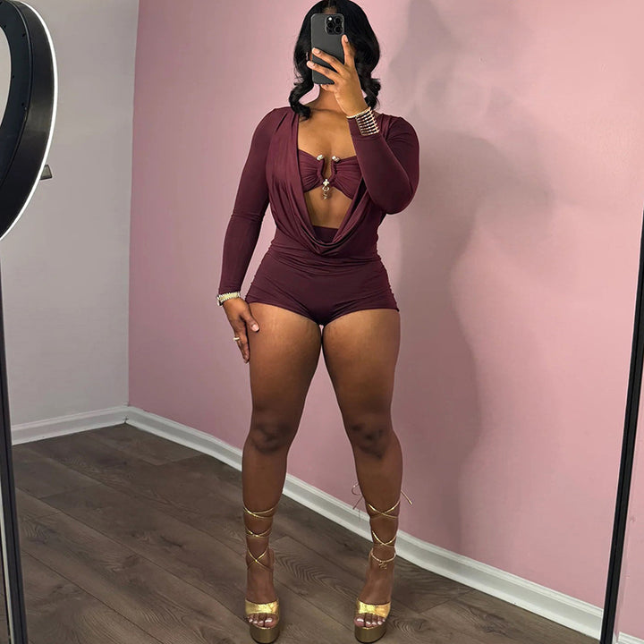 Draped Cowl Neck Cutout Long Sleeve Romper Bodysuit