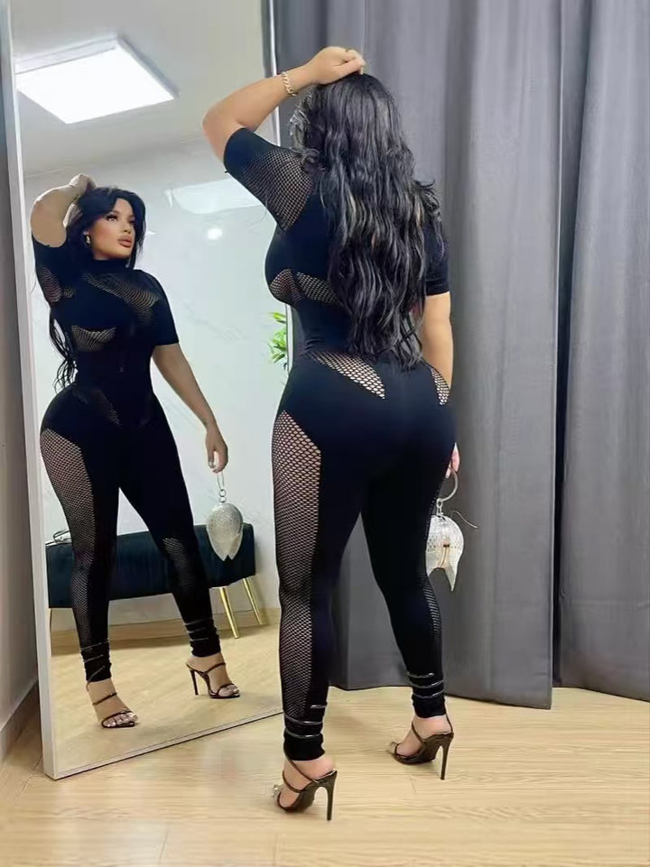 Mesh Short Sleeve High Neck Bodysuit Jumpsuit