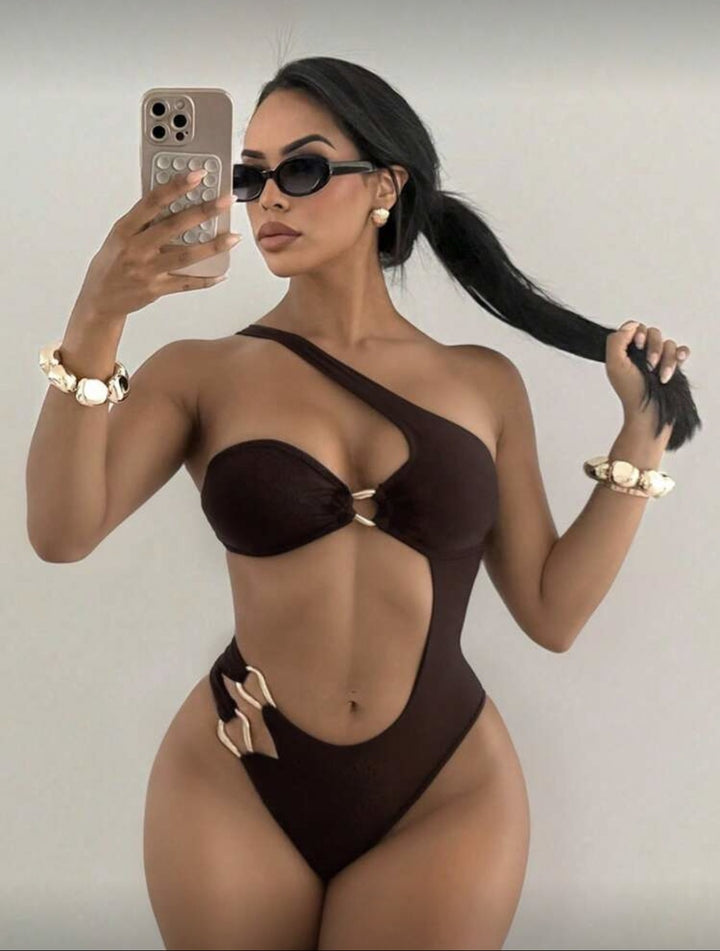 One Shoulder Cut-Out Ring Detail Monokini Swimsuit