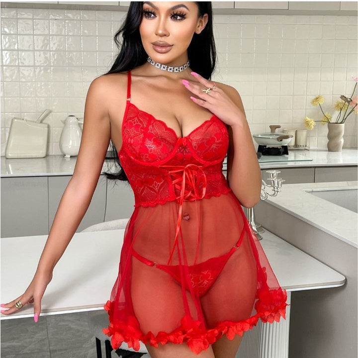 Floral Lace Underwire Lace-Up Corset Babydoll Chemise &amp; Thong Lingerie Set