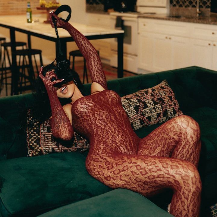 Sheer Animal Pattern Lace Bodysuit &amp; Gloves Lingerie Set