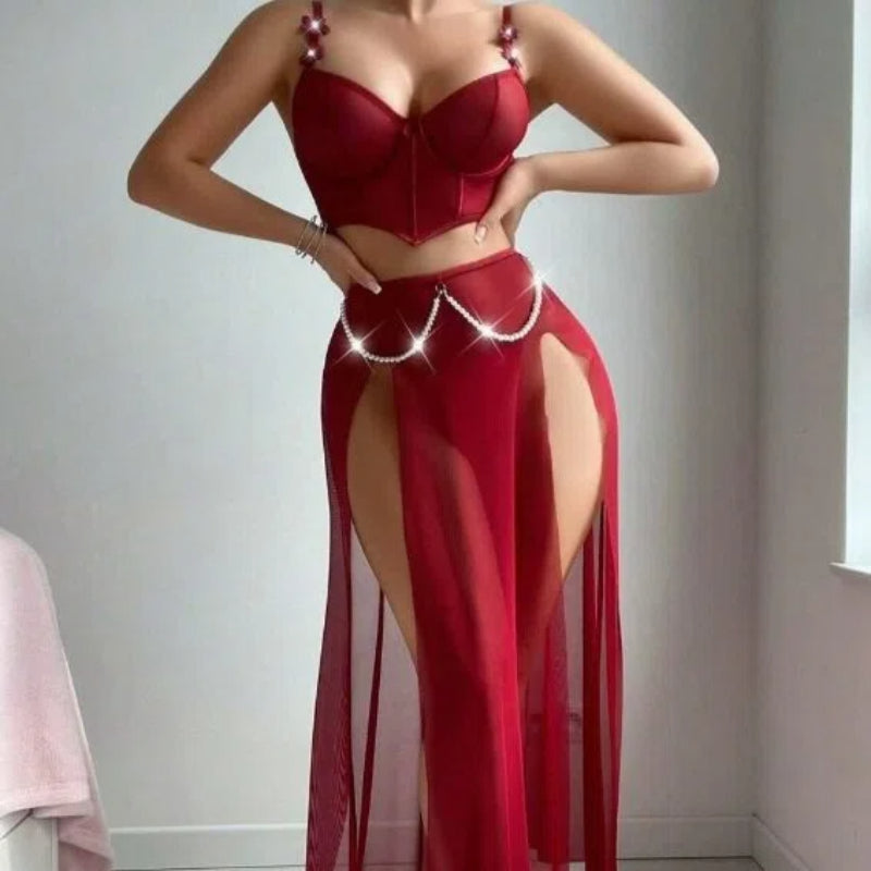Corset Crop Top and High Slit Sheer Skirt Set