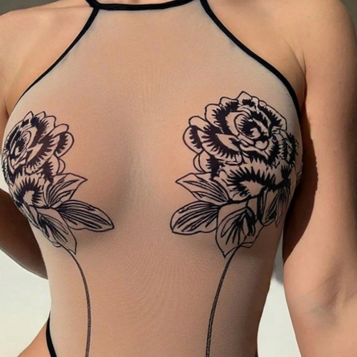 Rose Embroidered High-Cut Sheer Mesh Halter Bodysuit