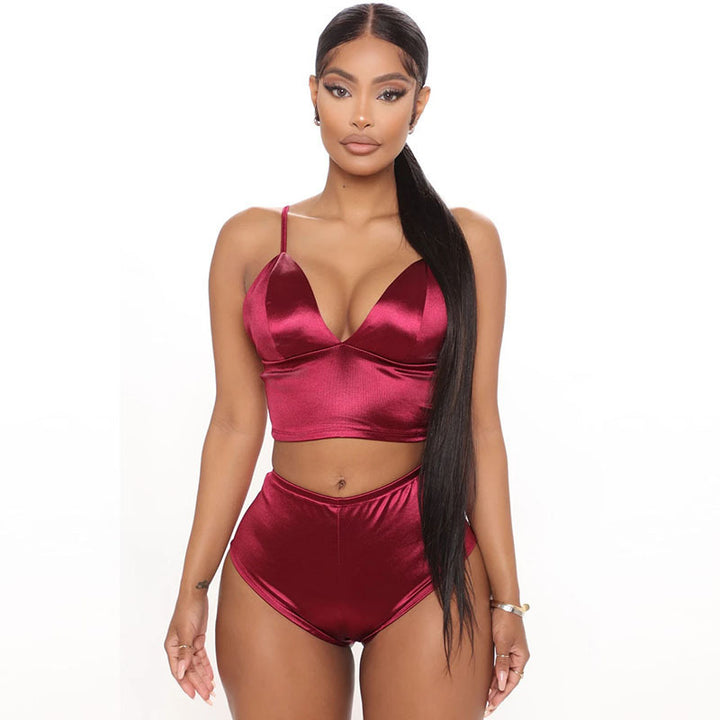 Satin V-Neck Crop Top &amp; High-Waist Shorts Set