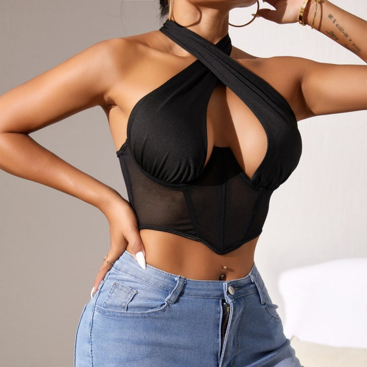 Cross Halter Cut-Out Mesh Boned Corset Bustier Crop Top