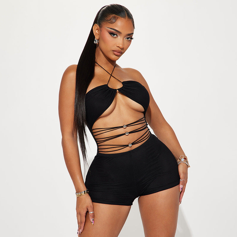 Metallic Beaded Strappy Cutout Halter Romper