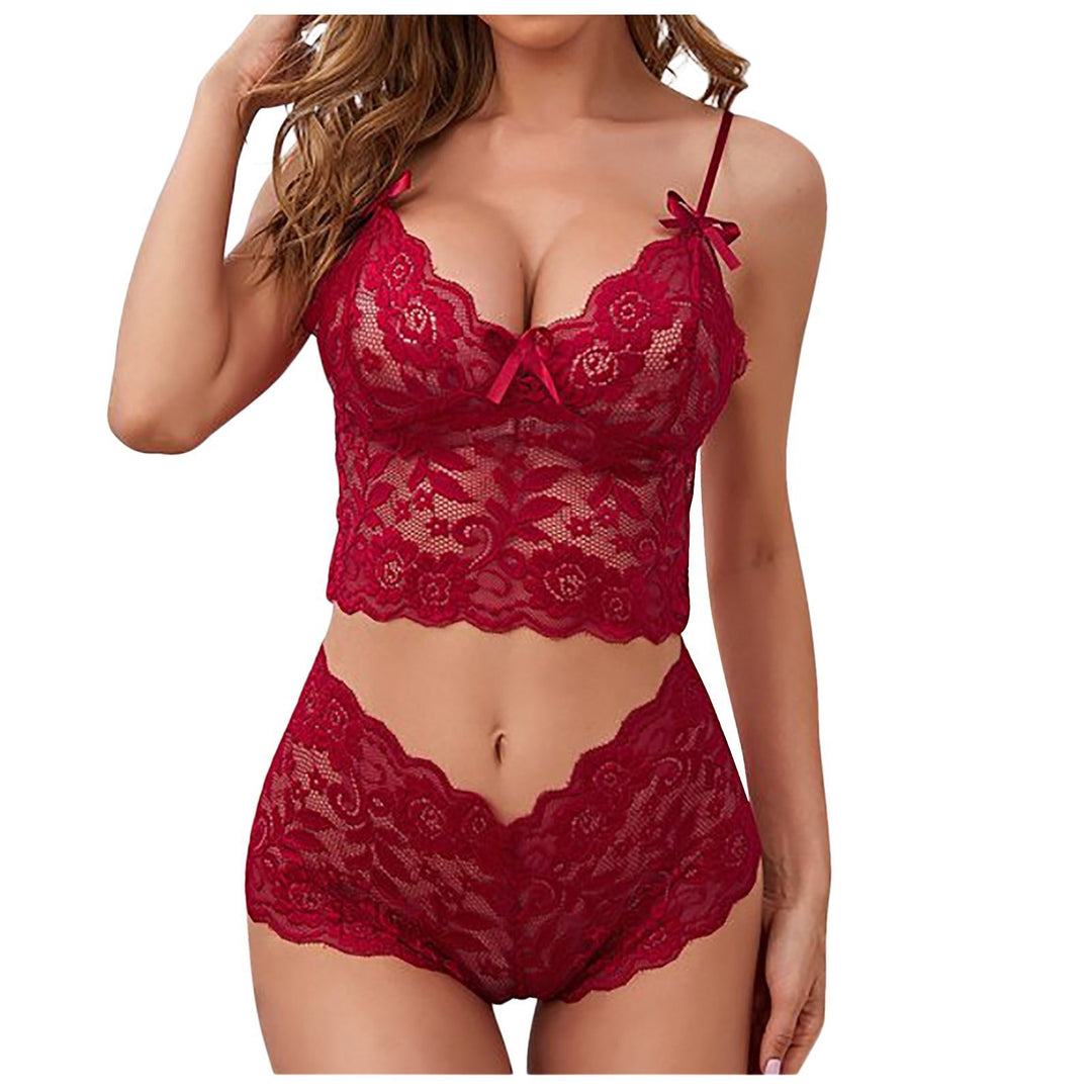 Bow Detail Floral Sheer Lace Bralette Shorts Set