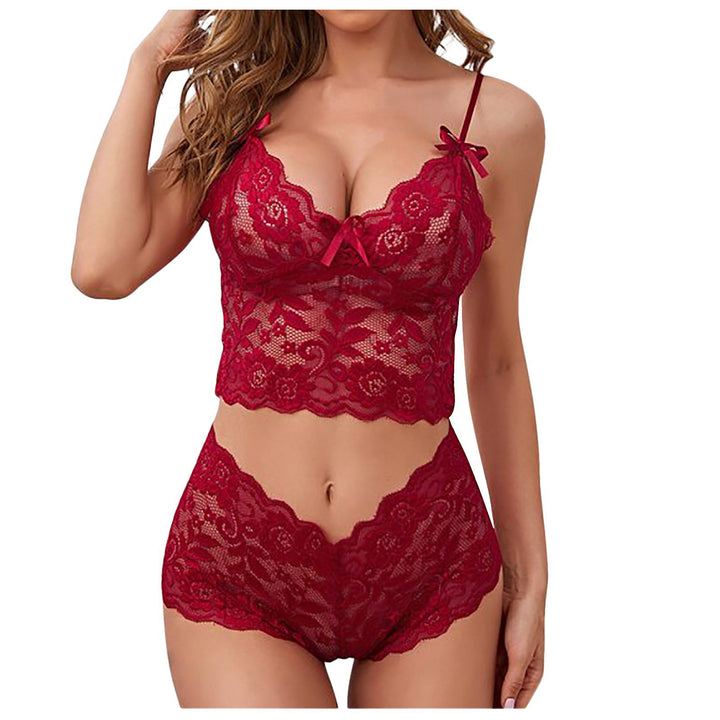 Bow Detail Floral Sheer Lace Bralette Shorts Set
