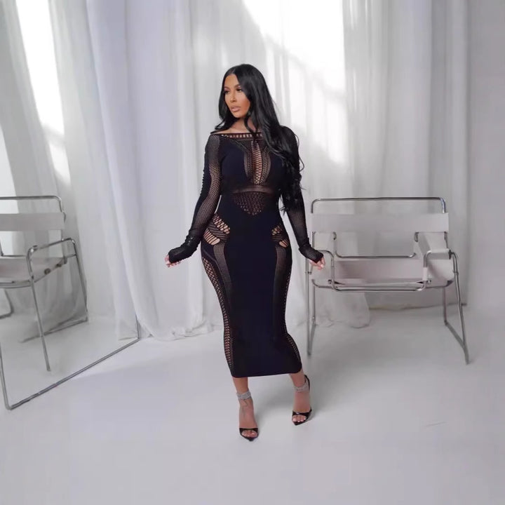 Off-Shoulder Cutout Fishnet Mesh Long Sleeve Midi Dress