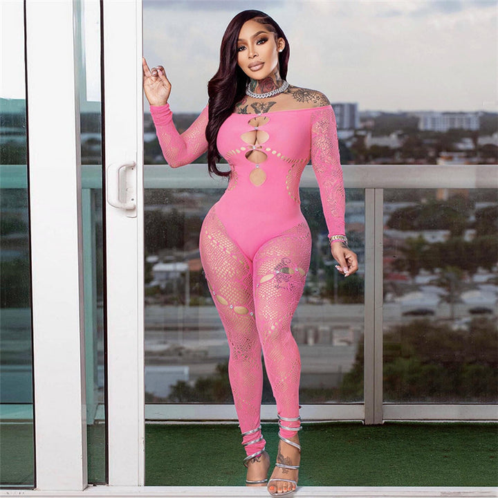 Rhinestone Cutout Fishnet Long Sleeve Jumpsuit Bodystocking