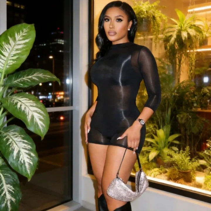Sheer Long Sleeve Mini Dress with Chain Belt