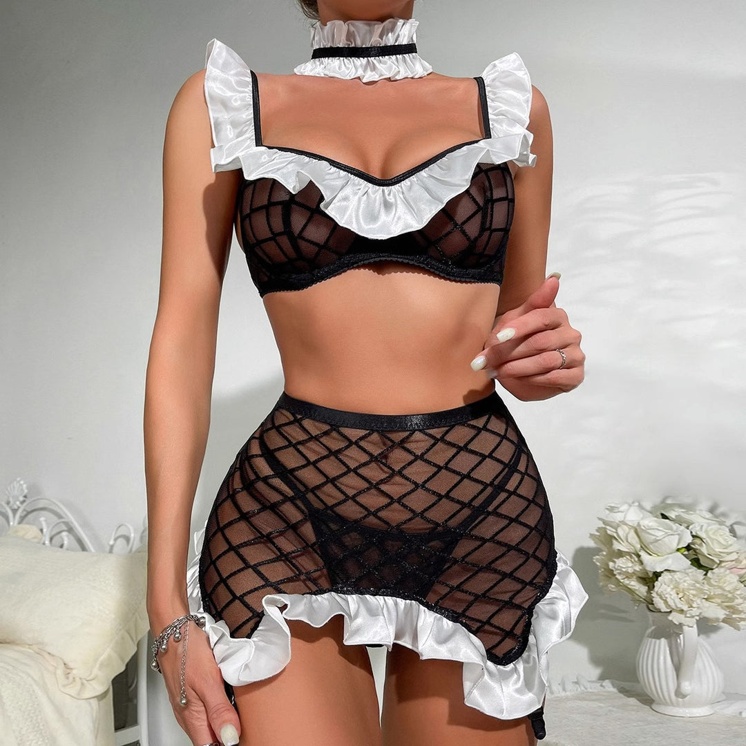 Grid Mesh Ruffle Trim Maid Cosplay Lingerie Set with Neckband & Mini Skirt