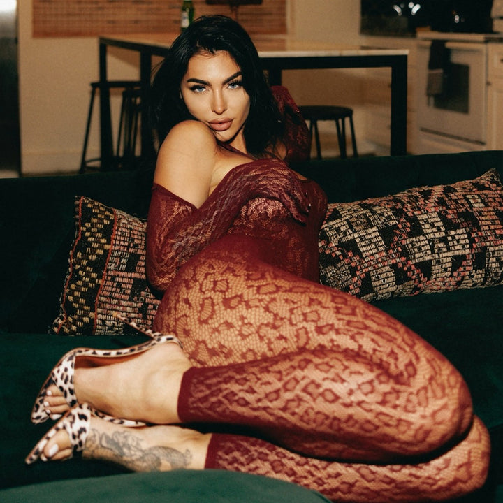 Sheer Animal Pattern Lace Bodysuit &amp; Gloves Lingerie Set