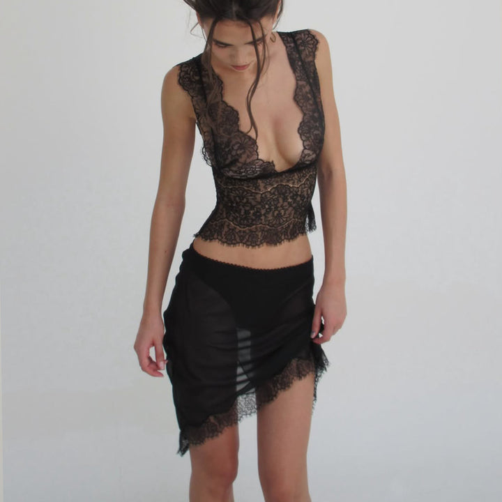 Deep V Scalloped Eyelash Lace Cami Top &amp; Sheer Mesh Mini Skirt Lingerie Set