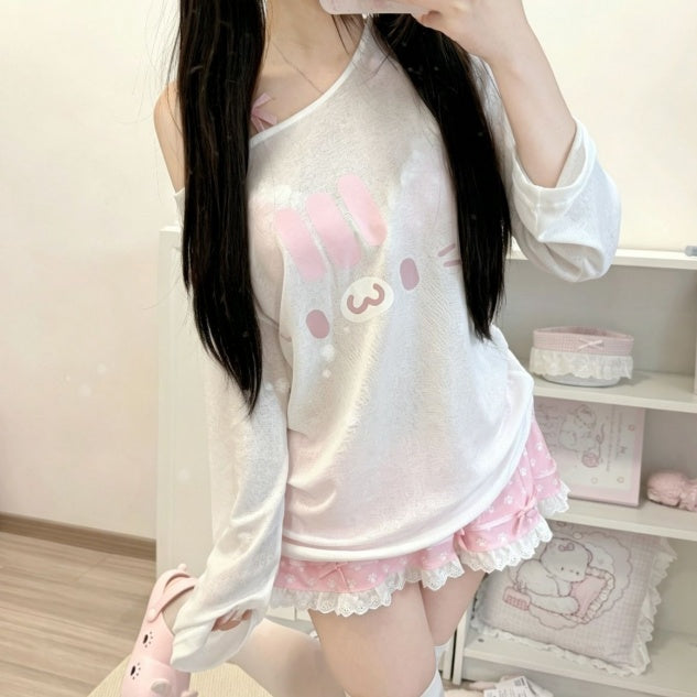 Cute Bunny Graphic Cold Shoulder Long Sleeve Top & Ruffle Shorts Loungewear Set
