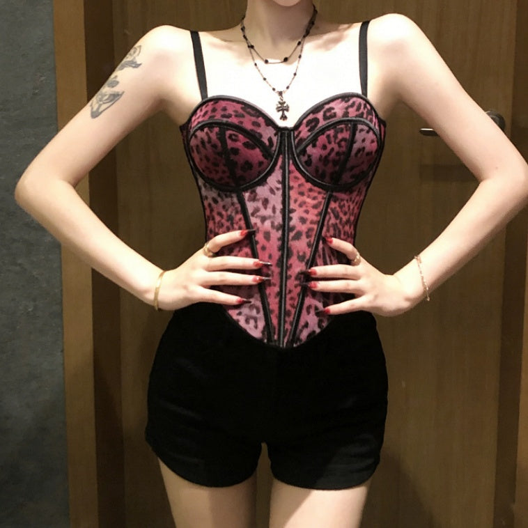 Leopard Print Sheer Mesh Boned Corset Bustier Camisole Top