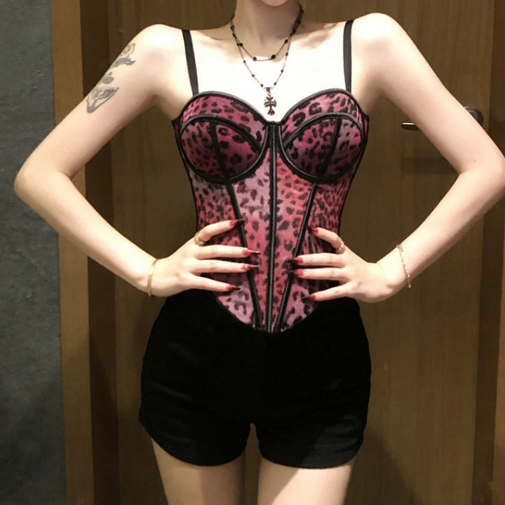 Leopard Print Sheer Mesh Boned Corset Bustier Camisole Top