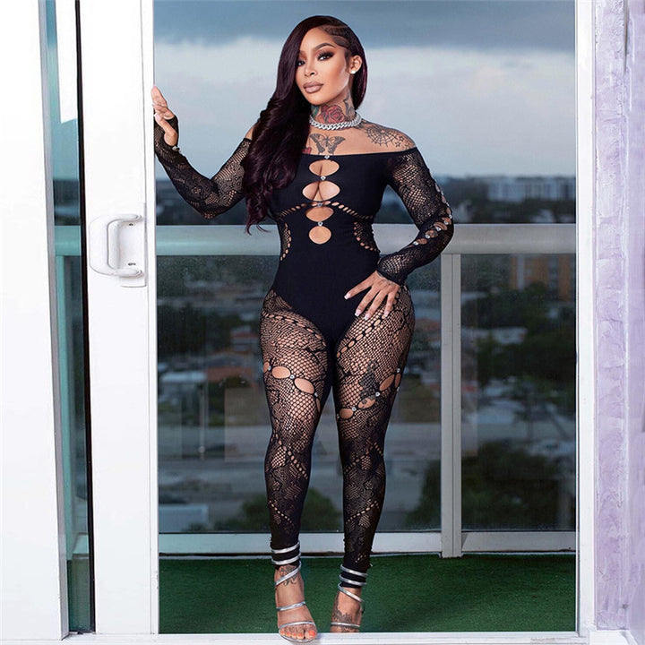 Rhinestone Cutout Fishnet Long Sleeve Jumpsuit Bodystocking