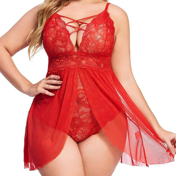 Crisscross Strappy V-Neck Lace Chemise Mesh Babydoll