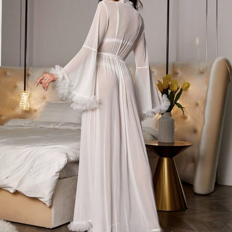 Sheer Mesh Ruffle Trim Long Robe with Belt