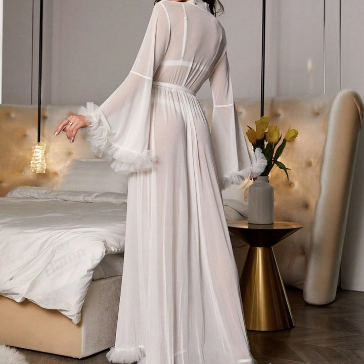 Sheer Mesh Ruffle Trim Long Robe with Belt
