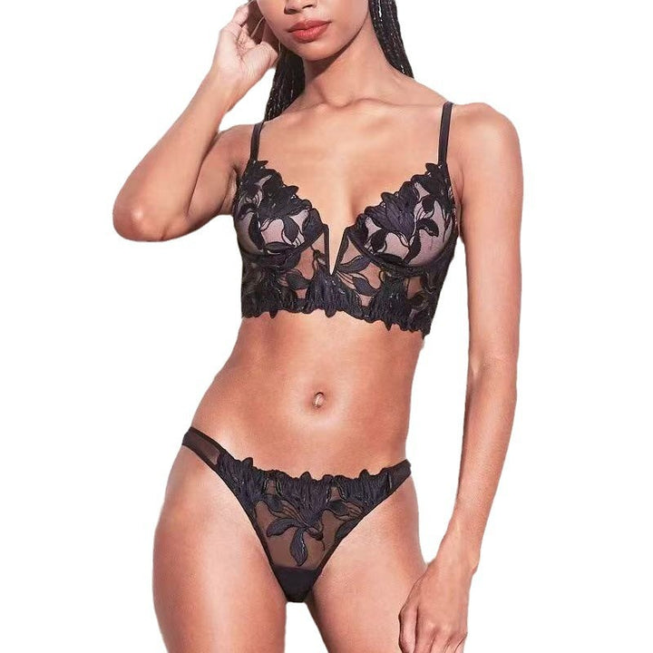 V-Wire Embroidered Floral Lace Longline Lingerie Set