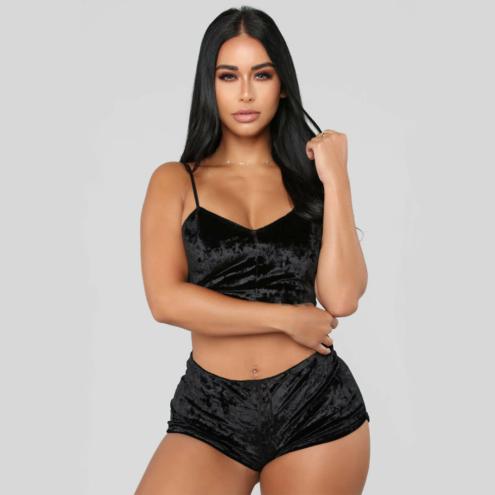 Velvet Lace Trim Cami Crop Top Shorts Pajama Set