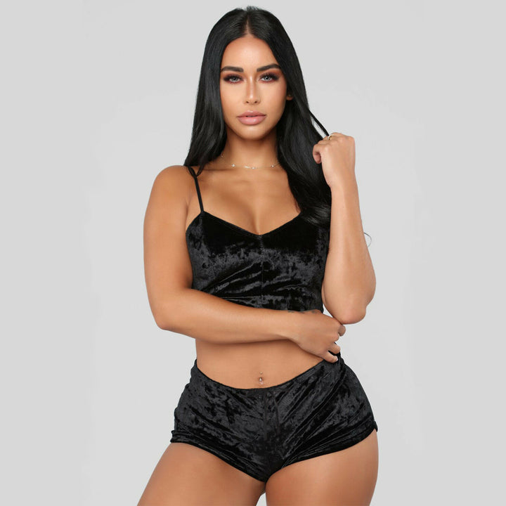 Velvet Lace Trim Cami Crop Top Shorts Pajama Set