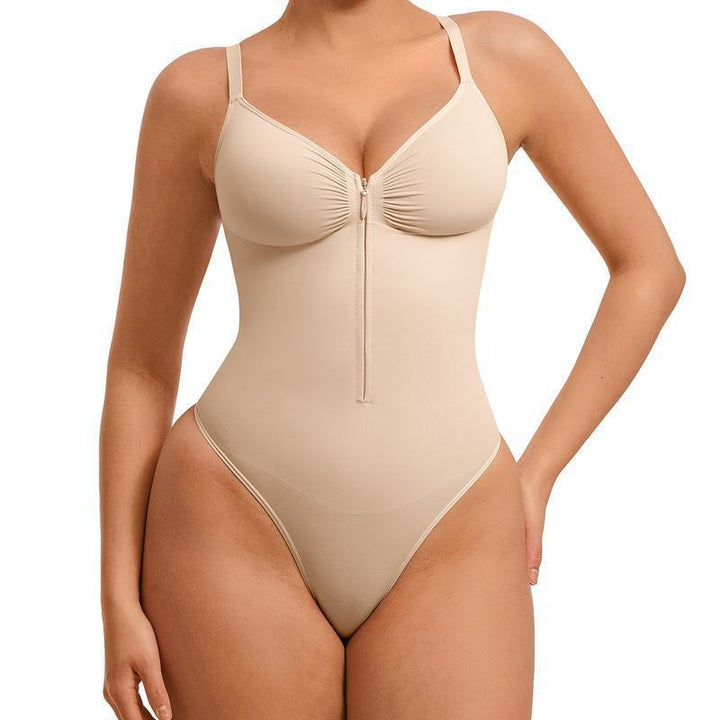 Front Zipper Ruched V Neck Shapewear Bodysuit