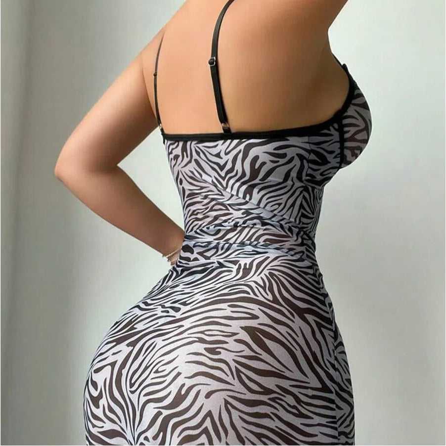 Zebra Print Sheer Lace Corset Dress