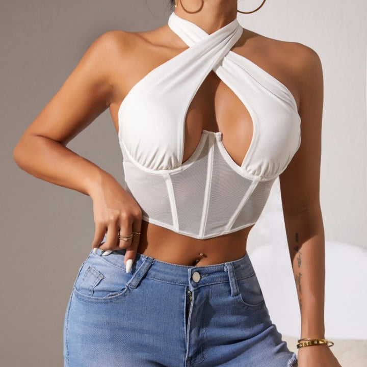 Cross Halter Cut-Out Mesh Boned Corset Bustier Crop Top