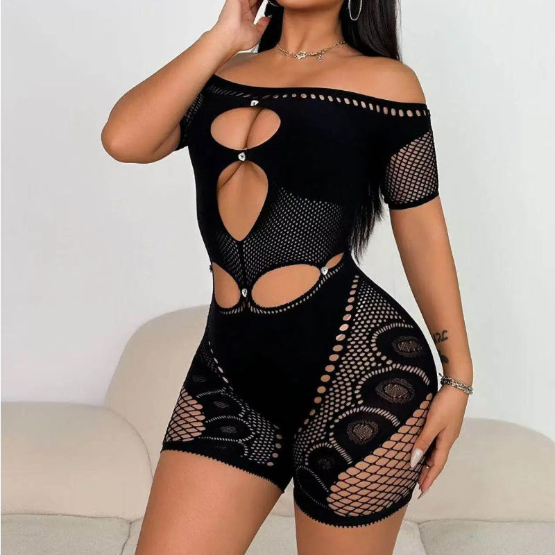 Sexy Cutout Mesh Off-Shoulder Romper