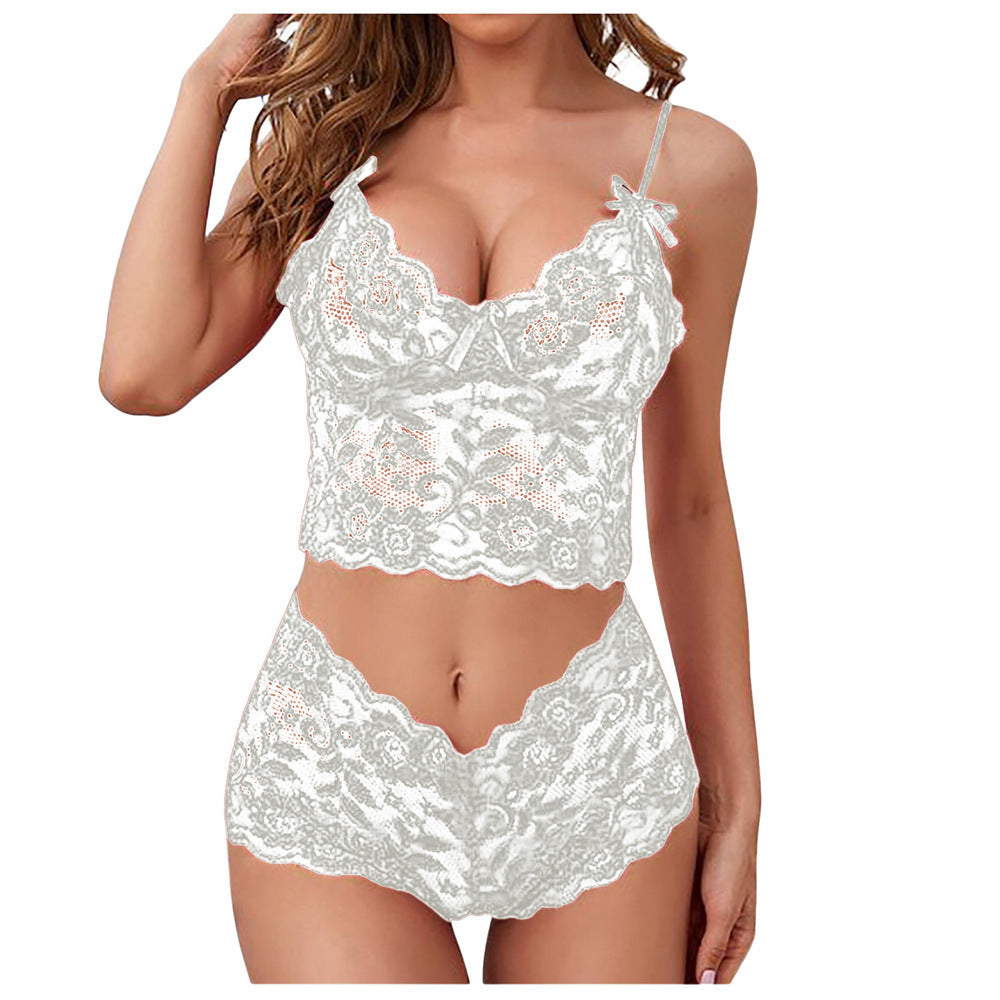 Bow Detail Floral Sheer Lace Bralette Shorts Set