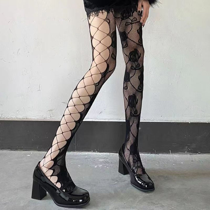 Gothic Floral Rose Patterned Fishnet Tights with Cutout Lace Accents