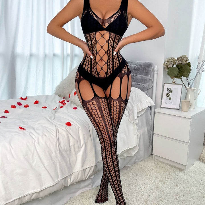Open-Mesh Fishnet Cutout Bodystocking with Suspender Straps