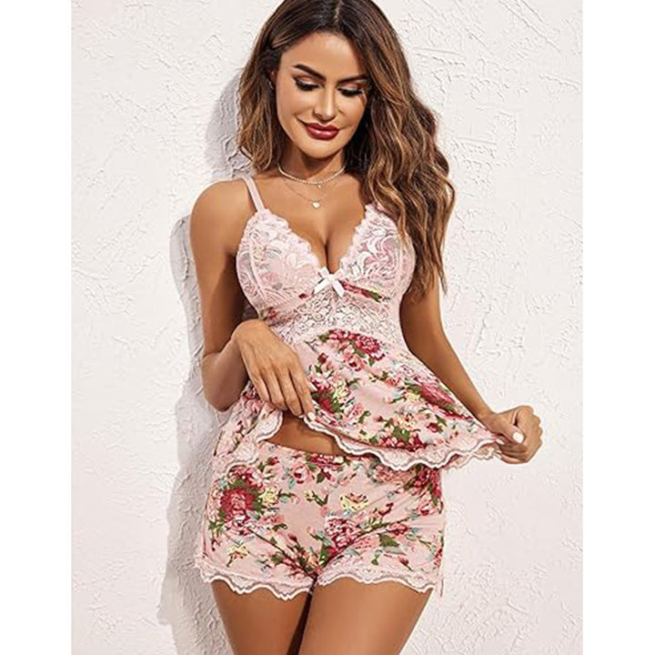 Floral Print Lace Trim Camisole Top &amp; Matching Shorts Pajama Set