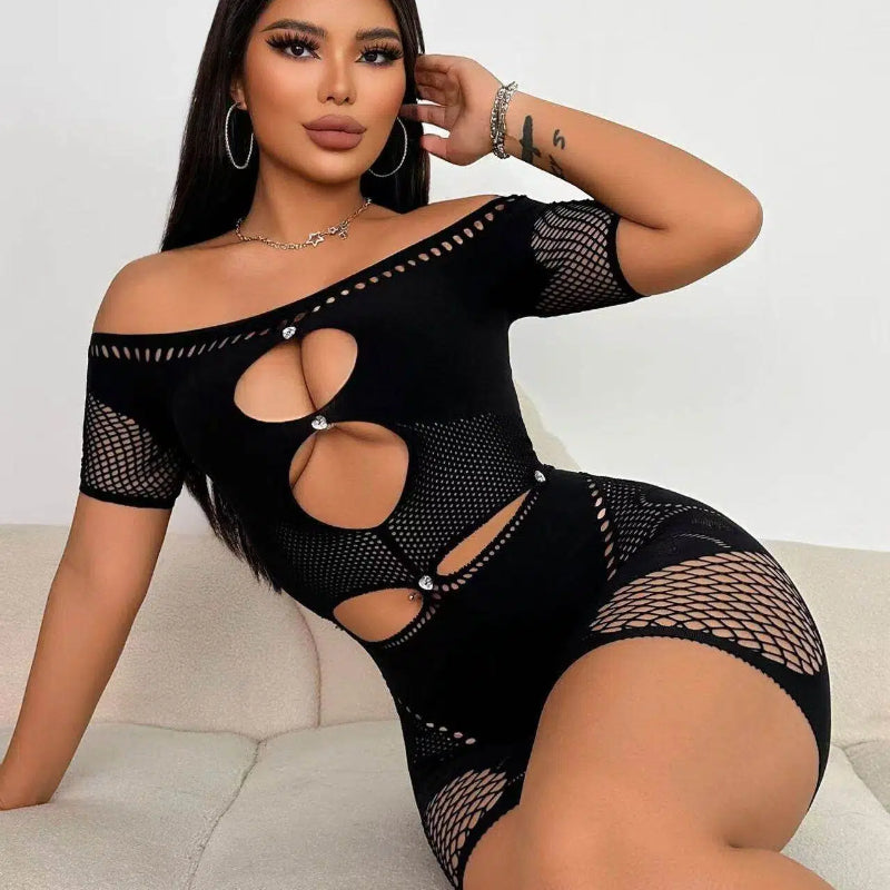 Sexy Cutout Mesh Off-Shoulder Romper
