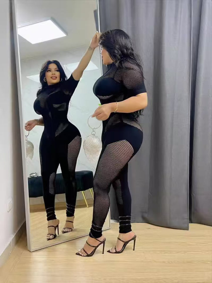Mesh Short Sleeve High Neck Bodysuit Jumpsuit