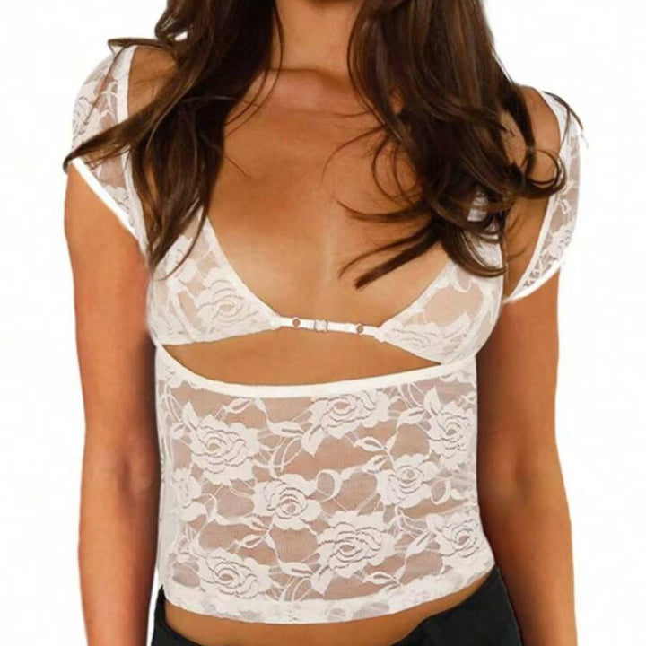 Sheer Floral Lace Short Sleeve Cutout Cami Crop Top