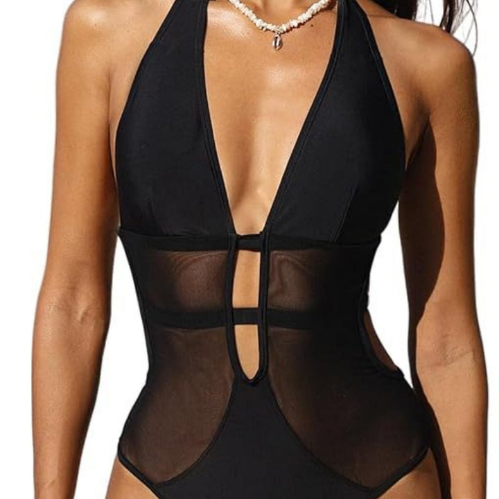 Deep V Halter Mesh Cut-Out Lingerie Bodysuit