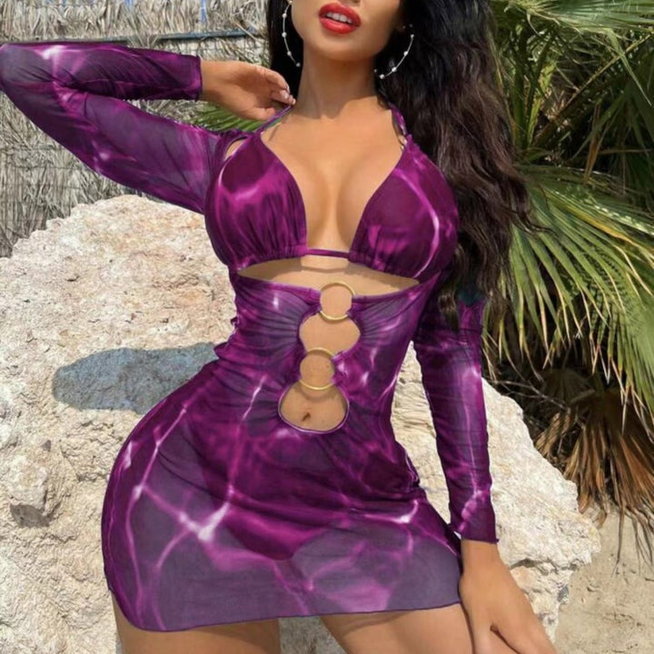 Water Ripple Print O-Ring Cutout Mesh Mini Dress